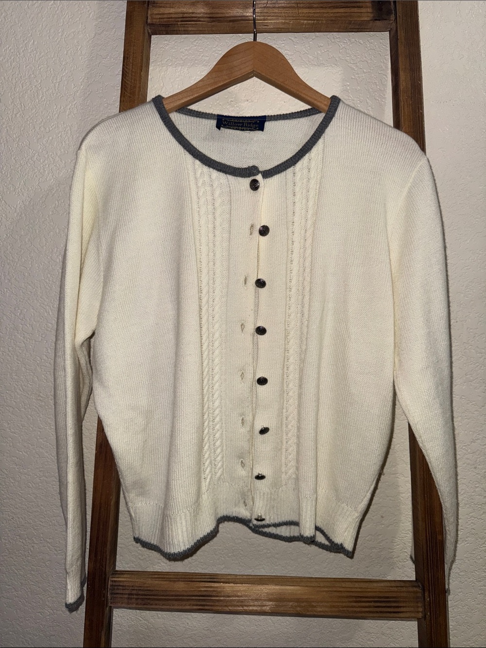 Vintage Willow Ridge Ivory Knit Cardigan Sweater Gray Trim Cottagecore
